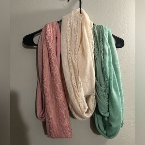 Set of 3 cute Lacey scarves, blue, pink, cream white